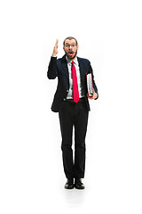 Image showing Choose me. Full body view of businessman on white studio background