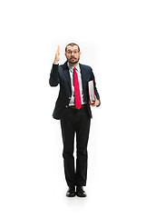 Image showing Choose me. Full body view of businessman on white studio background