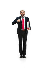 Image showing Choose me. Full body view of businessman on white studio background