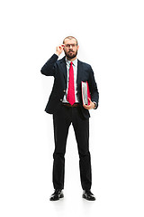 Image showing Full body portrait of businessman with folder on white