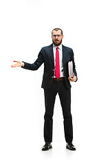 Image showing Full body portrait of businessman with folder on white