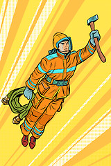 Image showing fireman, firefighter flying superhero help