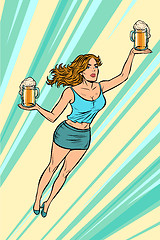 Image showing waitress carries beer flying superhero help