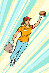 Image showing waitress Burger fast food delivery flying superhero help