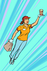 Image showing waitress coffee fast food delivery flying superhero help