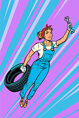 Image showing woman mechanic tire flying superhero help