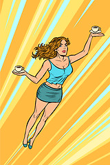 Image showing waitress carries coffee flying superhero help