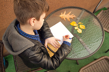 Image showing Boy is doing homework outdoors