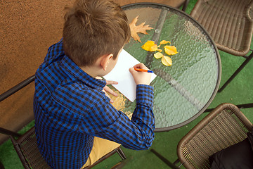 Image showing Boy is doing homework outdoors