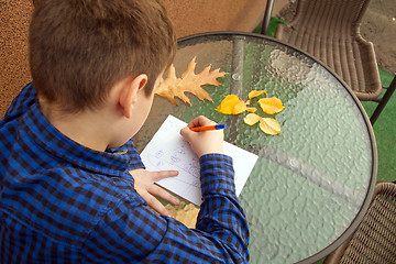 Image showing Boy is doing homework outdoors