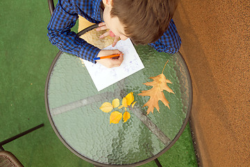 Image showing Boy is doing homework outdoors