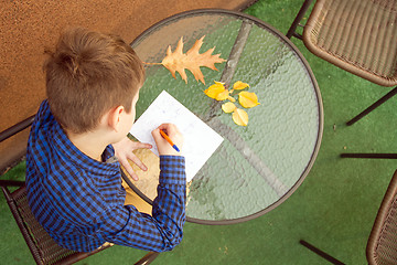 Image showing Boy is doing homework outdoors