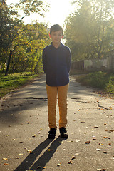 Image showing Happy boy have fun in the autumn park