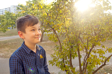 Image showing Happy boy have fun in the autumn park