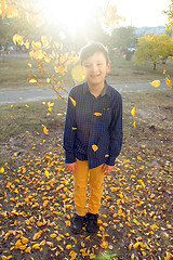 Image showing Happy boy have fun in the autumn park