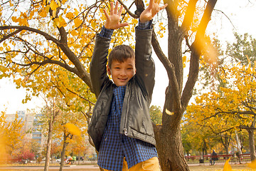 Image showing Happy boy have fun in the autumn park