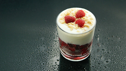 Image showing Yogurt dessert with raspberry 