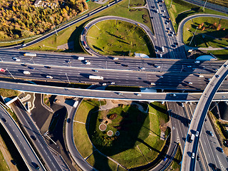 Image showing Aerial view of a freeway intersection traffic trails in Moscow.