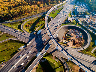 Image showing Aerial view of a freeway intersection traffic trails in Moscow.