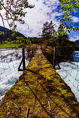 Image showing Suspension bridge over the mountain river, Norway.