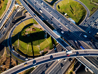 Image showing Aerial view of a freeway intersection traffic trails in Moscow.