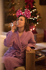 Image showing woman drinking champagne at spa