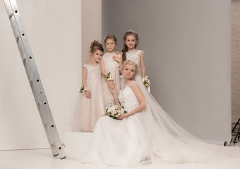 Image showing Little pretty girls with flowers dressed in wedding dresses