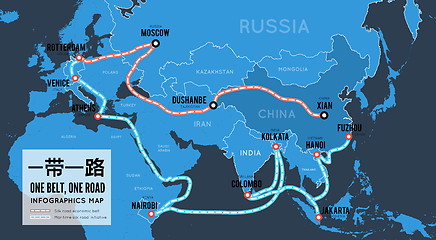 Image showing One belt one road. New Chinese trade silk road. Vector map infographics