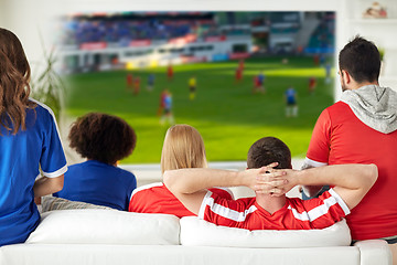 Image showing friends or football fans watching soccer at home