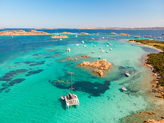 Image showing Drone aerial view of catamaran sailing boat in Maddalena Archipelago, Sardinia, Italy.