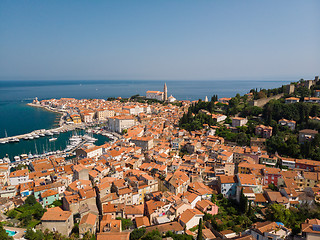 Image showing Aerial view of old town Piran, Slovenia, Europe. Summer vacations tourism concept background.