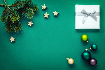 Image showing Christmas decoration background green with silver gift box