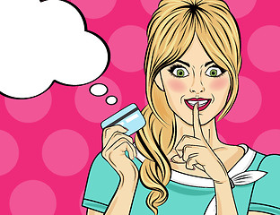 Image showing Beautiful woman  in pop art style with credit card showing hand 