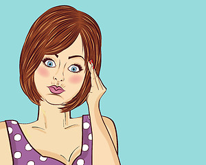 Image showing Angry pop art woman thinking. Comic woman . Pin up girl.