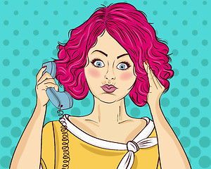 Image showing Angry pop art woman chatting on retro phone. Comic woman . Pin u