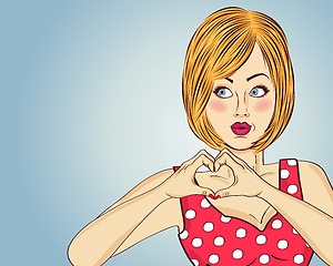 Image showing Blonde pop art woman making heart sign with hands. Comic woman .