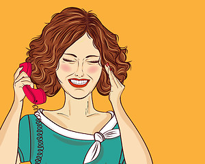 Image showing Amused pop art woman chatting on retro phone. Comic woman . Pin 