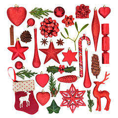 Image showing Red Christmas Decorations Symbols and Flora