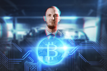 Image showing close up of businessman with bitcoin hologram