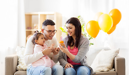 Image showing baby girl with parents at home birthday party