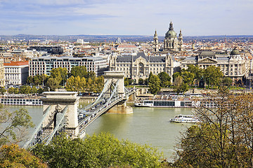 Image showing View of St Stephen's Basilica and Chain Bridge in Budapest in au