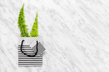 Image showing Green fern in a striped gift bag on marble background
