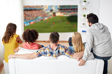 Image showing friends or football fans watching soccer at home