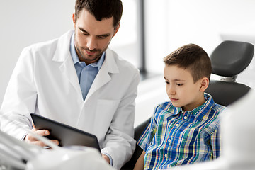 Image showing dentist showing tablet pc to kid patient at clinic