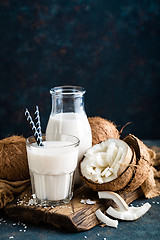 Image showing Fresh coconut milk in glass bottle, vegan non dairy healthy drin