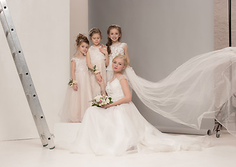 Image showing Little pretty girls with flowers dressed in wedding dresses