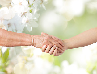 Image showing close up of senior and young woman holding hands