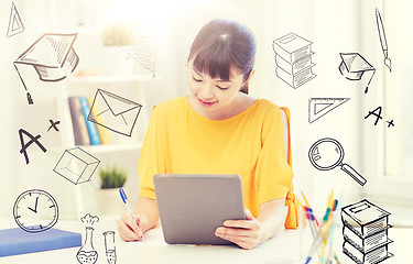 Image showing asian woman student with tablet pc at home