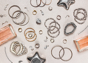 Image showing Jewelry and perfume flat lay composition