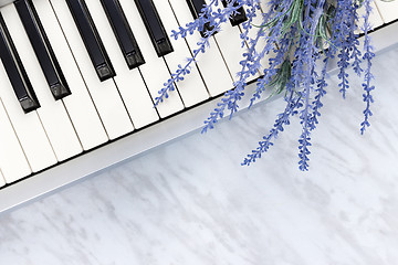 Image showing Blue lavender flowers on piano keys